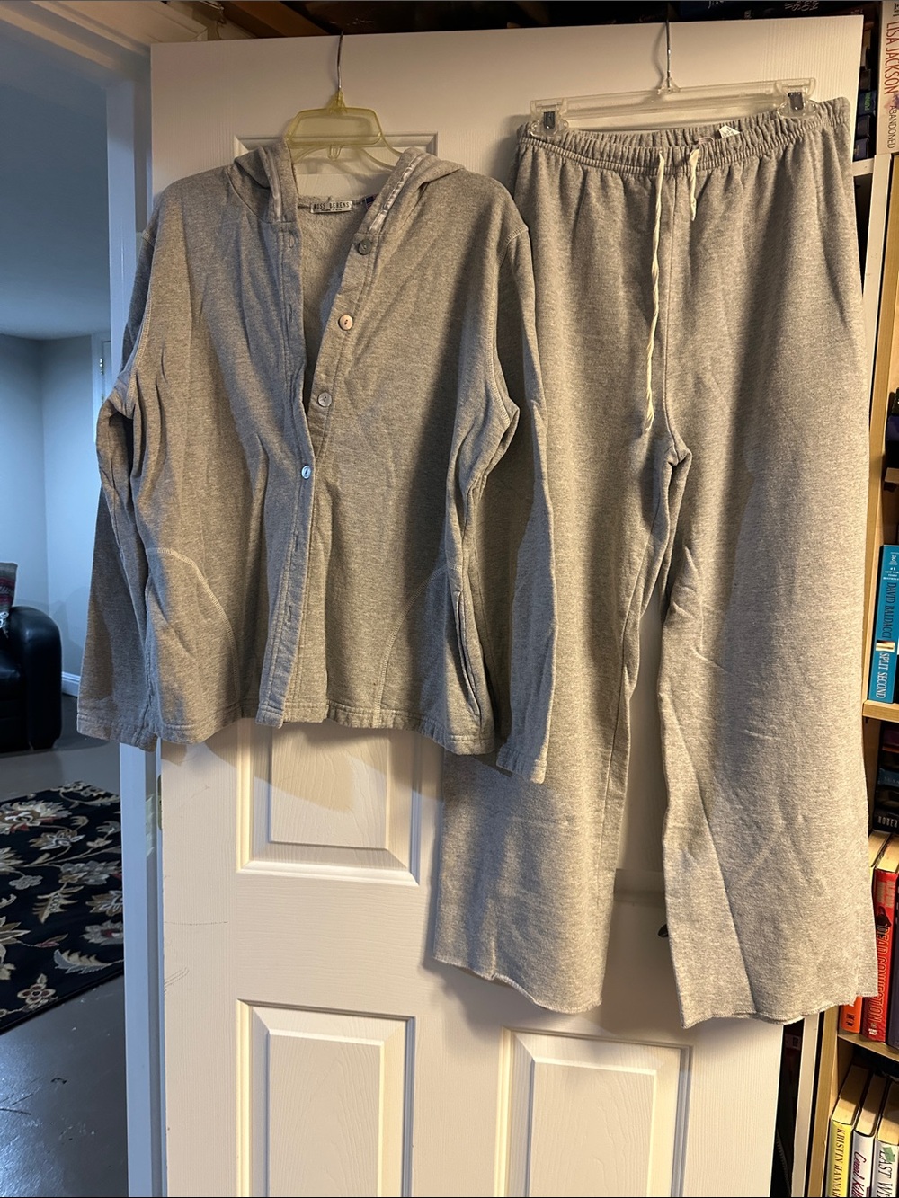 Light Gray Hooded Lounge Set - Button Front Top & Drawstring Pants